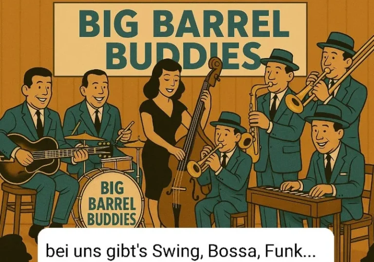 Die Big Barrel Buddies – kurz „BBB“ – sind 6 Musiker und 1 Musikerin, welche Swing, Bossa, Funk und mehr spielen. Lasst Euch überraschen.
